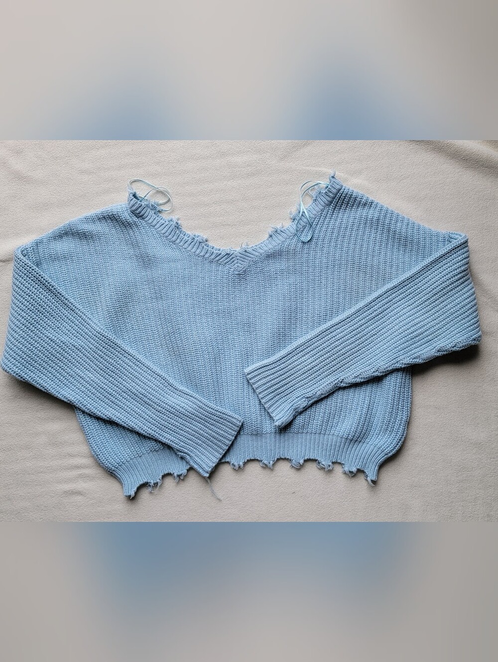 Jessica Simpson Light Blue Distressed Off-Shoulder Sweater